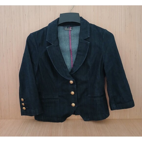 Express Women's Size 10 Denim Crop Blazer Jacket Y2K Dark Wash Button Up Retro - Picture 1 of 10